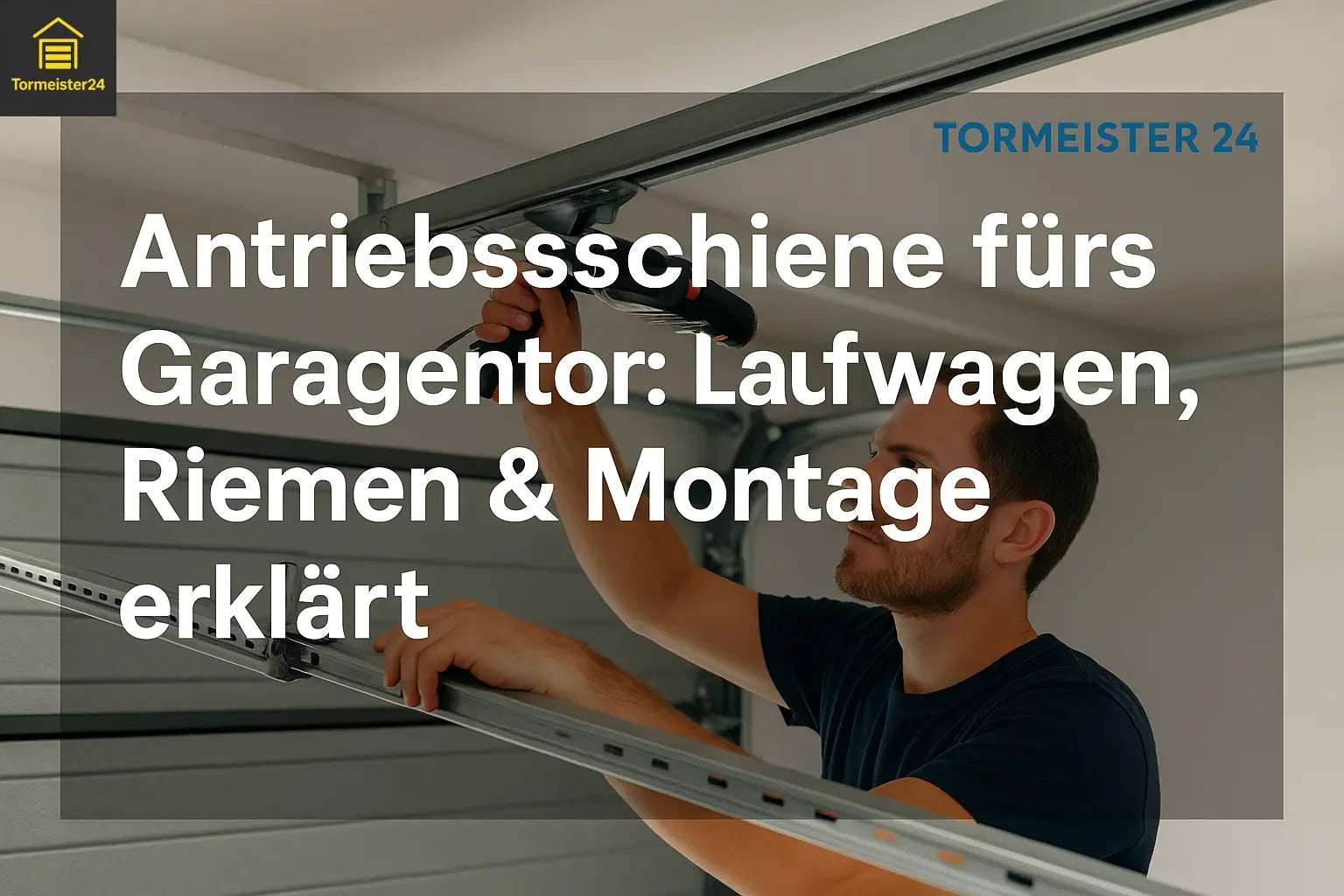 Techniker montiert Antriebsschiene an Garagendecke