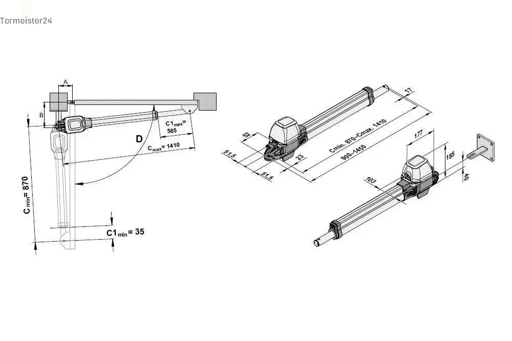 Asymmetrisches automatisches Drehtor mit unterschiedlich langen Torflügeln und passender Antriebslösung für ruhigen, sauberen Torlauf.