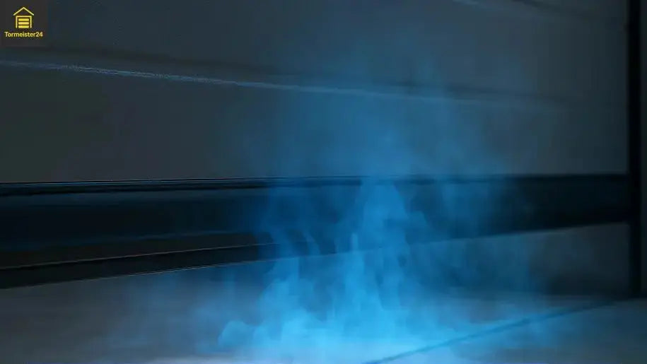 Garagentor mit sichtbarem Lichtspalt unten, magnetischer DoorMag Spaltabdichtung und seitlichen Schutzplatten gegen Mäuse und Ratten von Tormeister24.