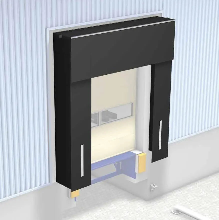 Torabdichtung komplett 3450×3400 mm als Dock Shelter mit integrierter Regenrinne, Seitenklappen, Topklappe und weißen Sichtstreifen für wettergeschützte Laderampen und professionelle Verladezonen.