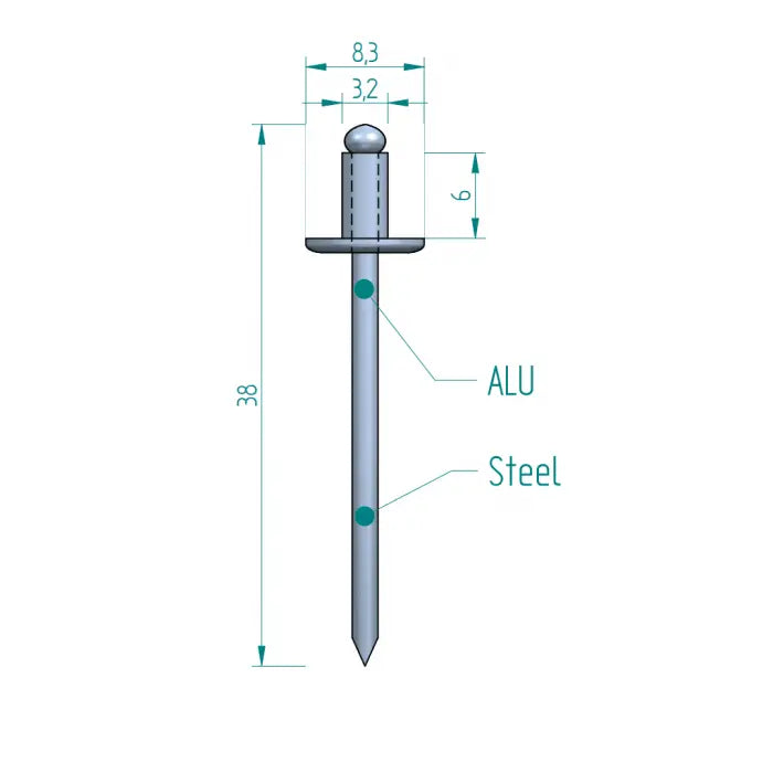Blindniete 3,2 x 6 mm ALU/STAAL Schweighöfer poorten