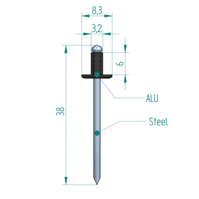Blindniete 3,2 x 6 mm zwart ALU/STAAL Schweighöfer poorten
